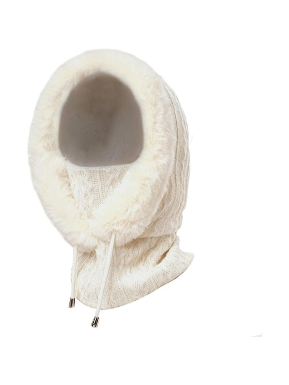Women White Polyester Warm Thick Fluff Beanie Neck Face Winter Balaclava